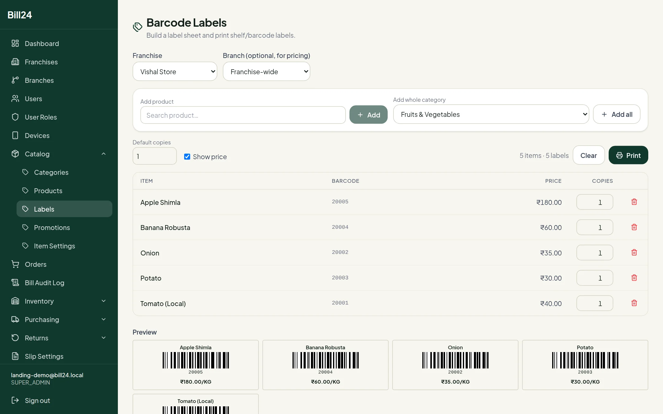 Build a label sheet for a whole category and print it.